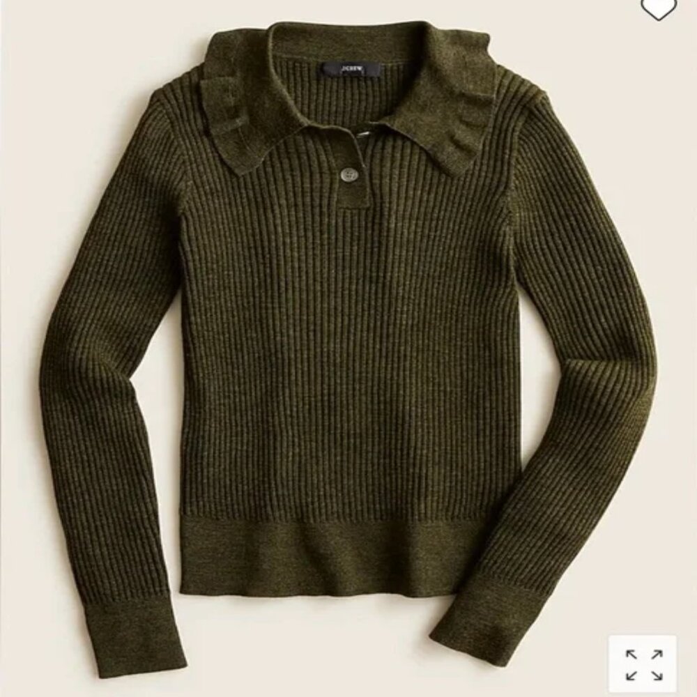 NWT J. Crew Ruffle-collar Ribbed Merino Wool Sweater Olive XXL